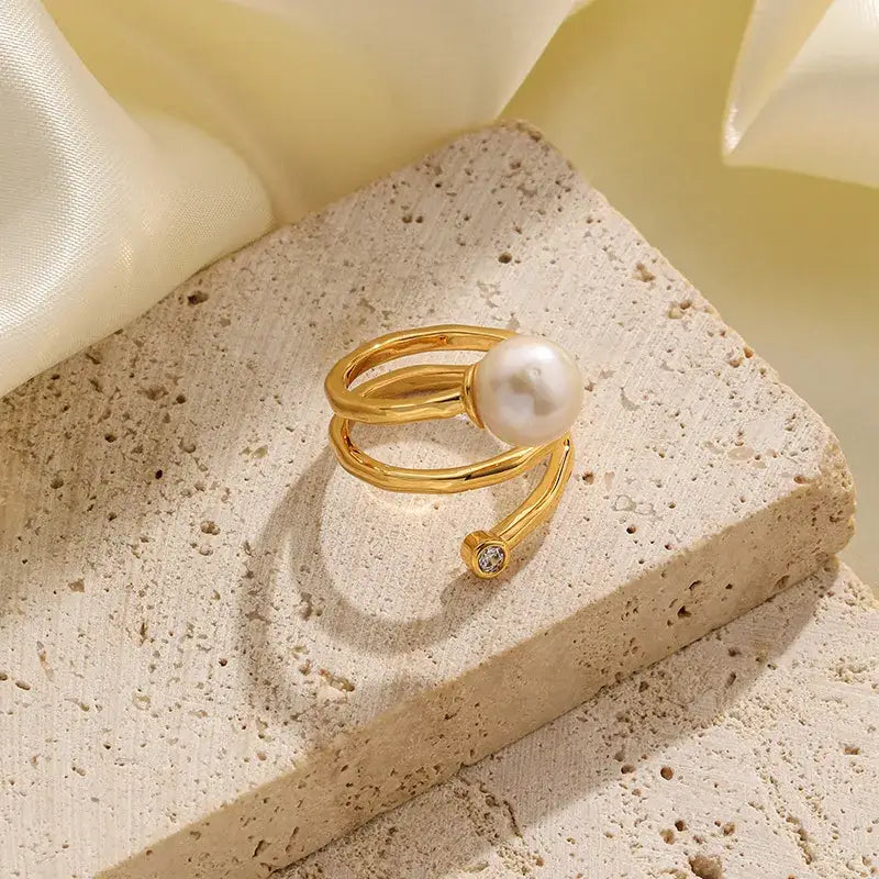 18K Gold Plated Pearl Ring with Stone