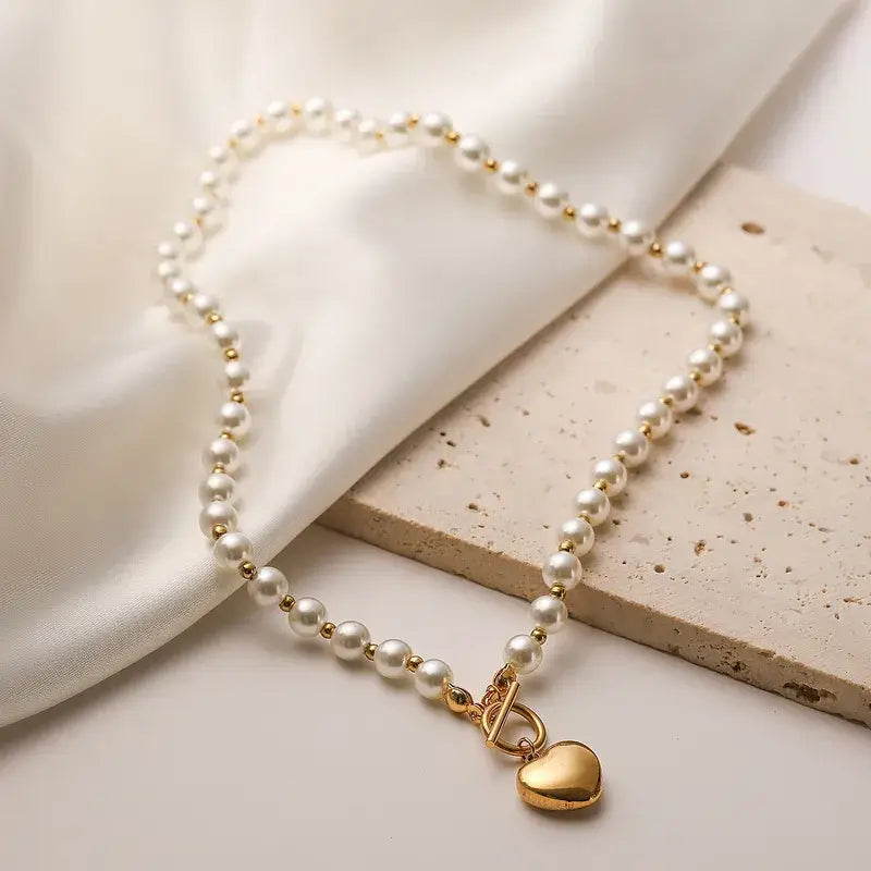 Heart Pendant with Pearl and Gold Chain Necklace