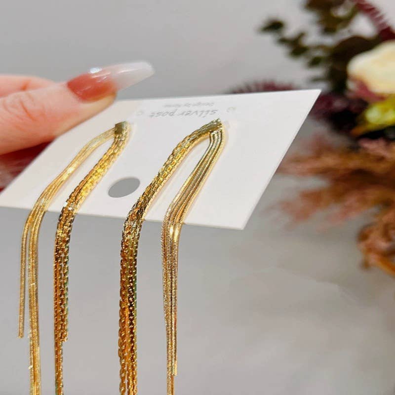 Gold Long Tassel Stud Earrings