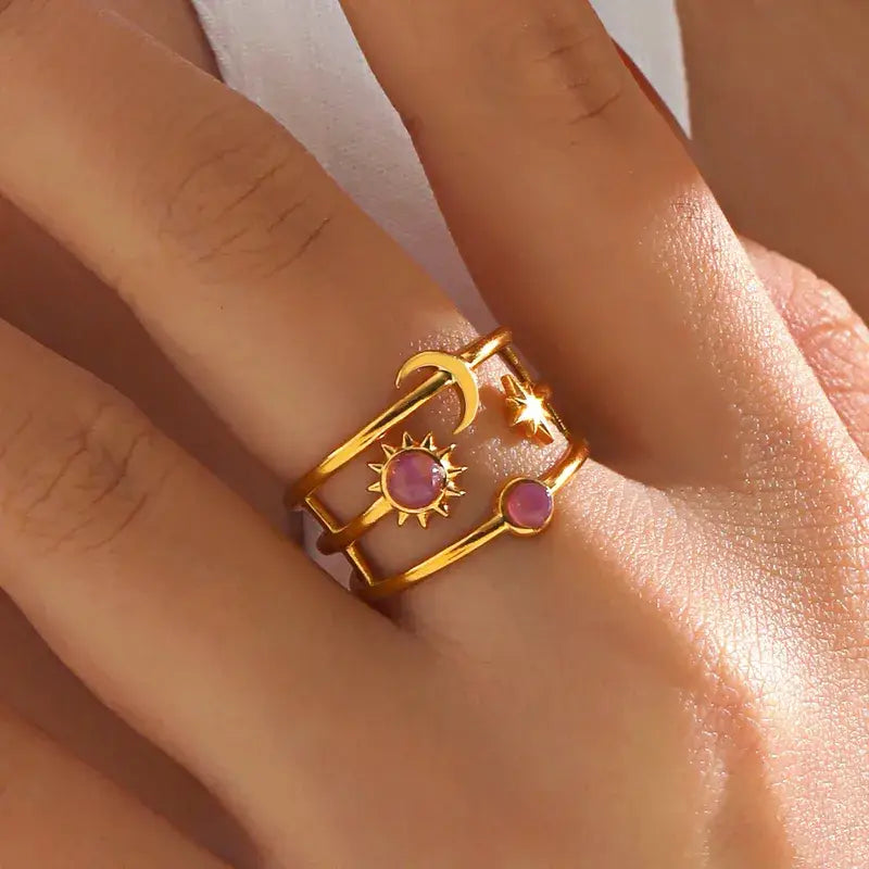 Moon and Star with Stones Adjustable Ring Jewelry