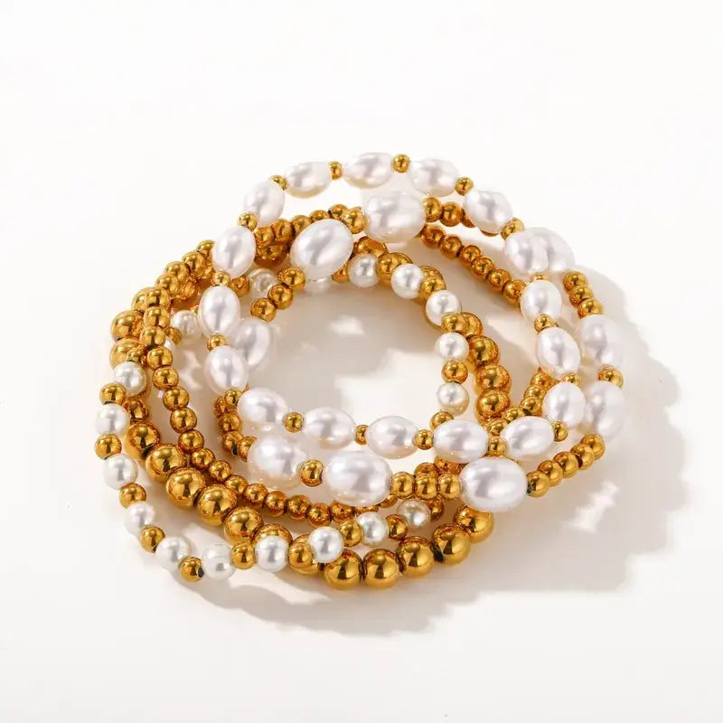 Gold Pearl Bracelet Stack, 18K PVD