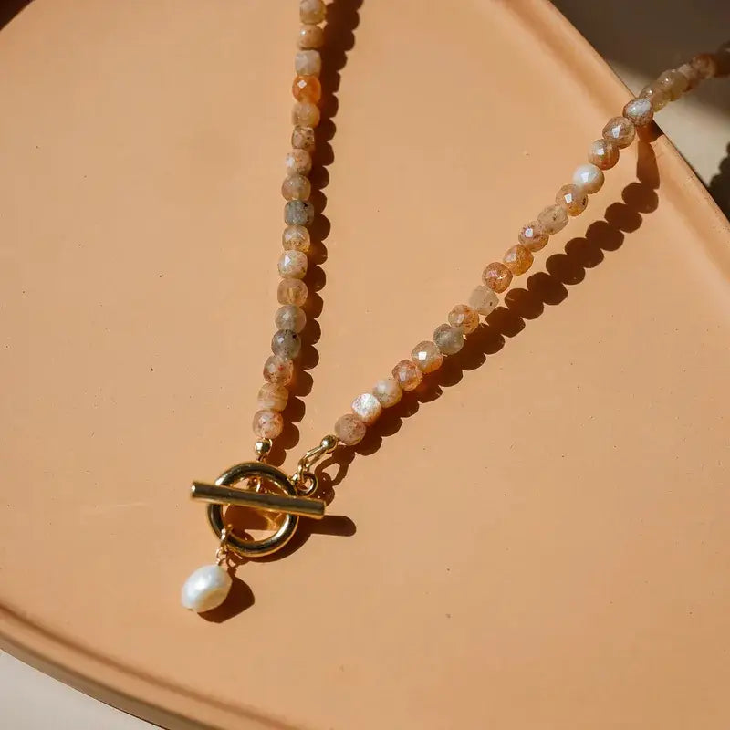 Natural Stone Beaded Necklace – Pearl Toggle Boho Gemstone J