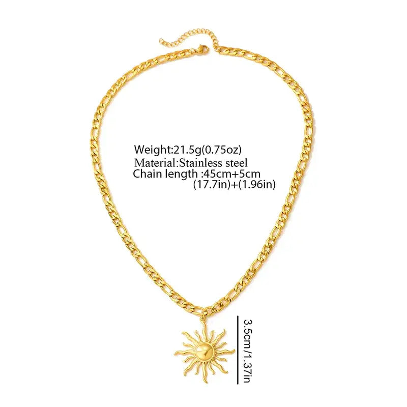 18K Gold Sun Pendant Necklace Waterproof Stainless Steel