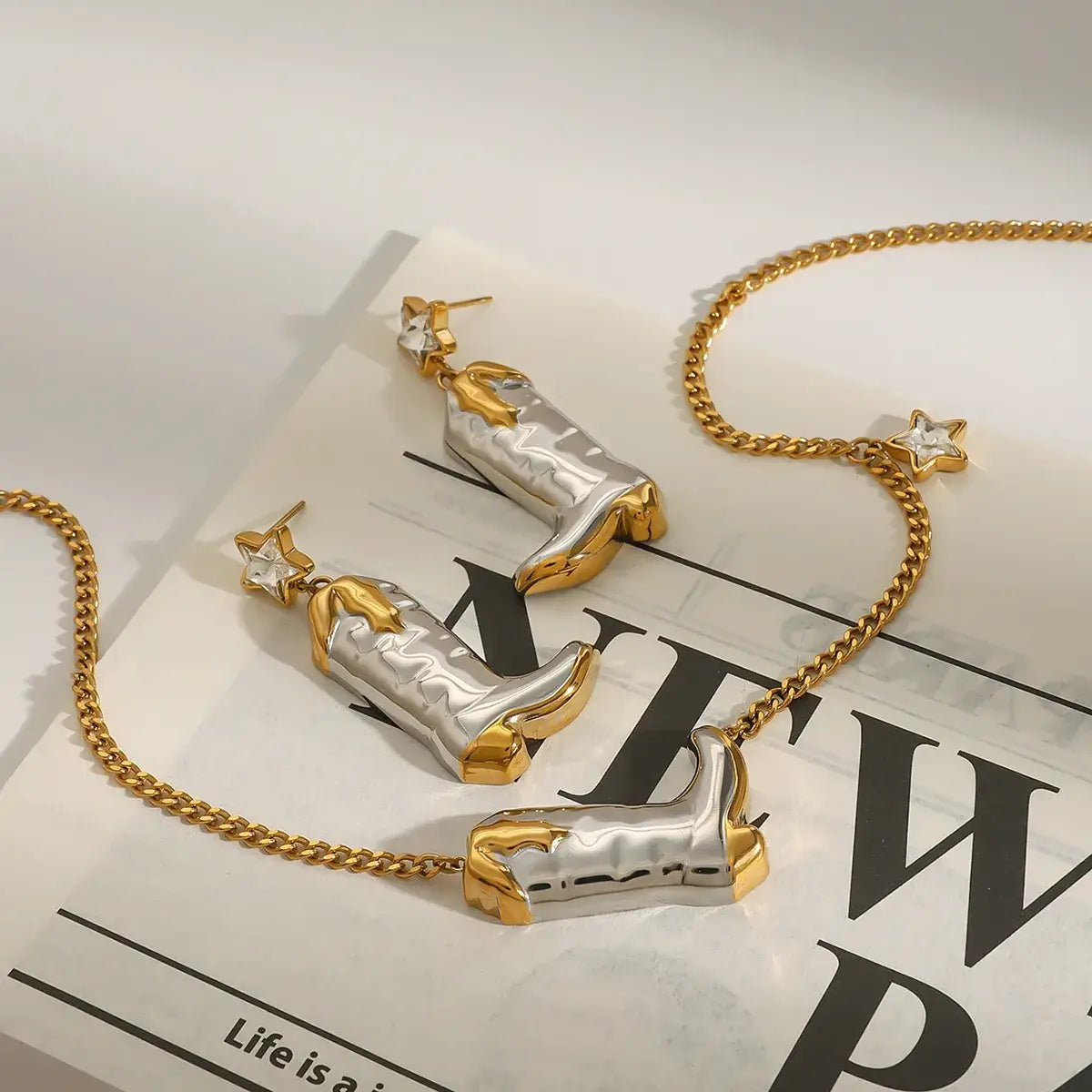 Cowboy Boot Necklace with Star and Earrings