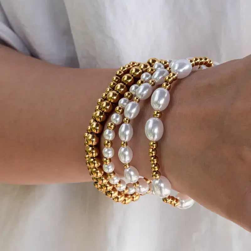 Gold Pearl Bracelet Stack, 18K PVD