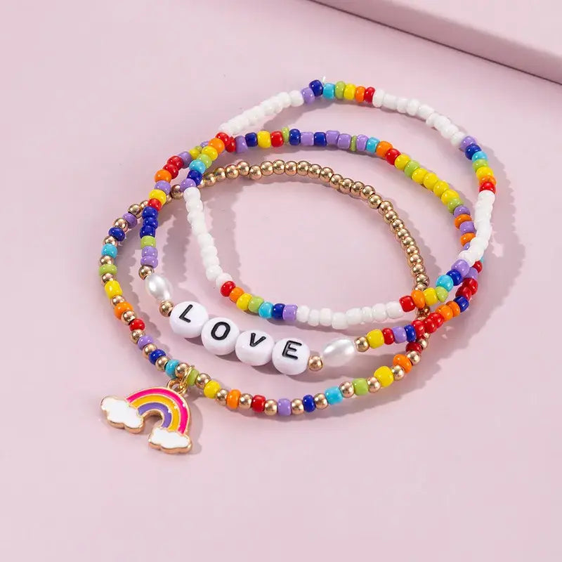 Set of Three Beaded Rainbow Stretch Bracelets