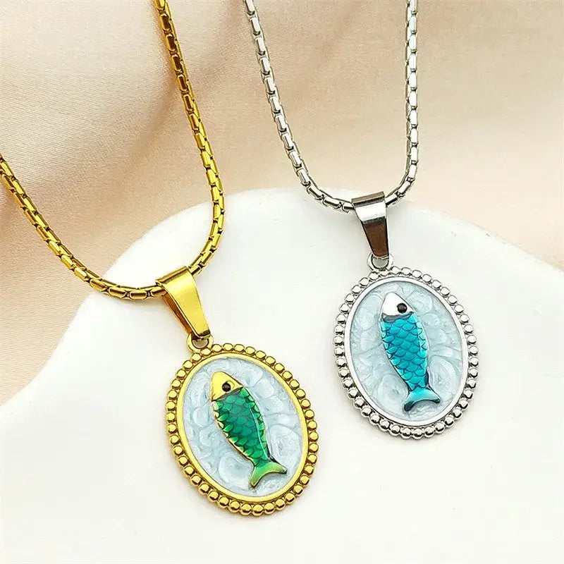 Fish Pendant Necklace with Snake Chain – Gold or Silver