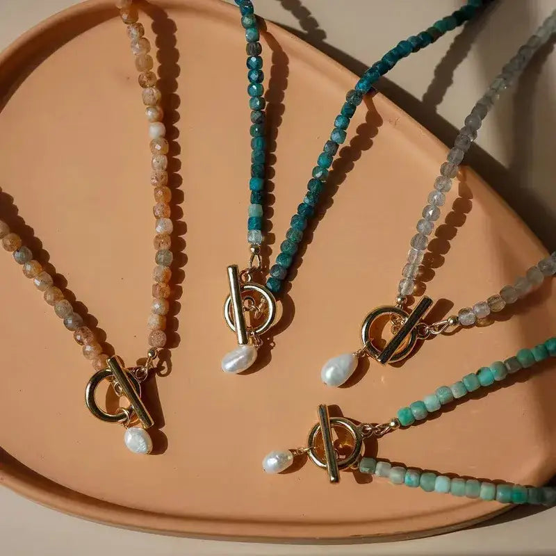 Natural Stone Beaded Necklace – Pearl Toggle Boho Gemstone J
