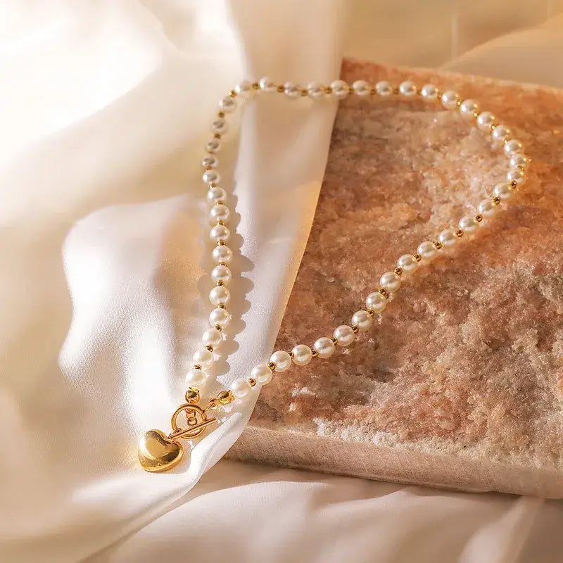 Heart Pendant with Pearl and Gold Chain Necklace