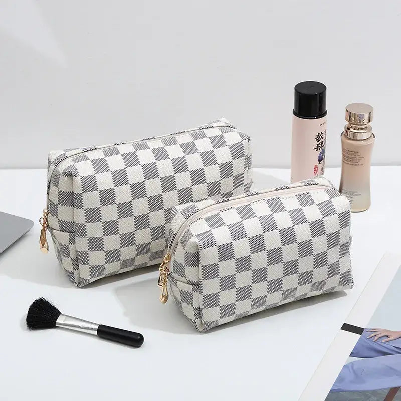 Waterproof Checkered PU Leather Cosmetic & Makeup Bag