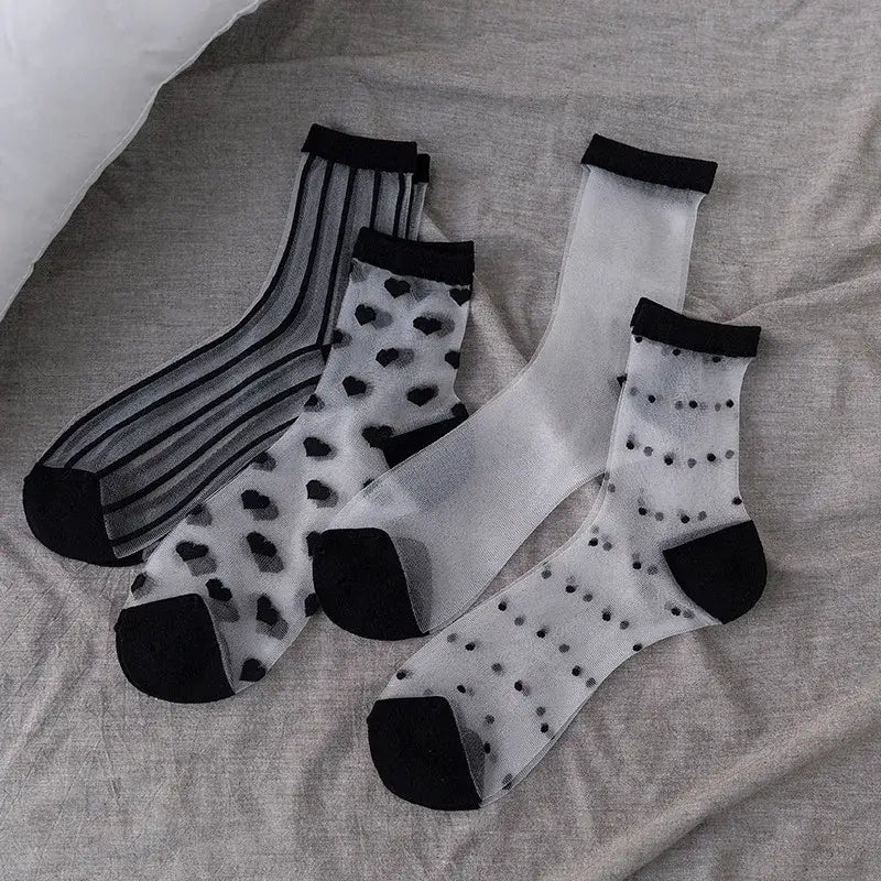 Sheer Socks with Fun Designs in Black or White