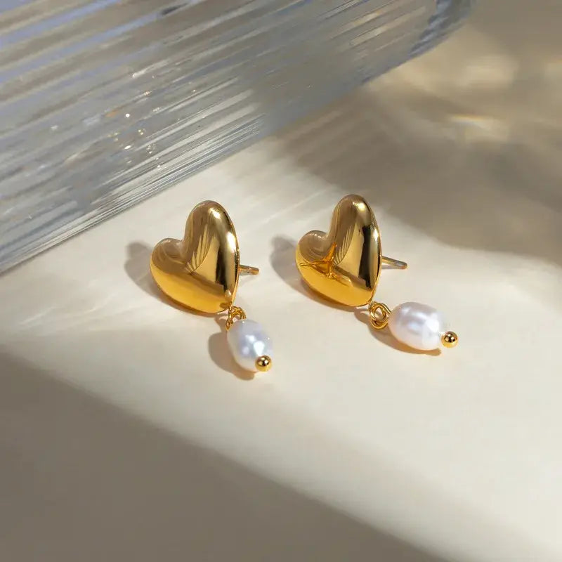 Heart Stud Earring with Pearl Drop