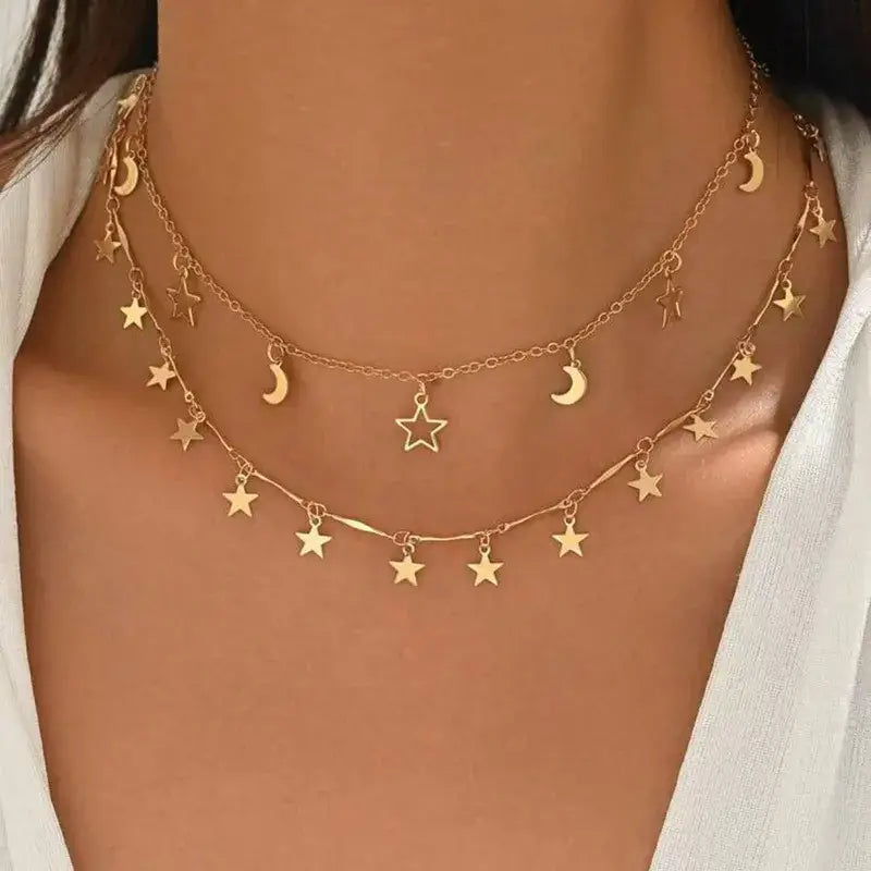 Gold Star & Moon Charm Necklace, 18K PVD