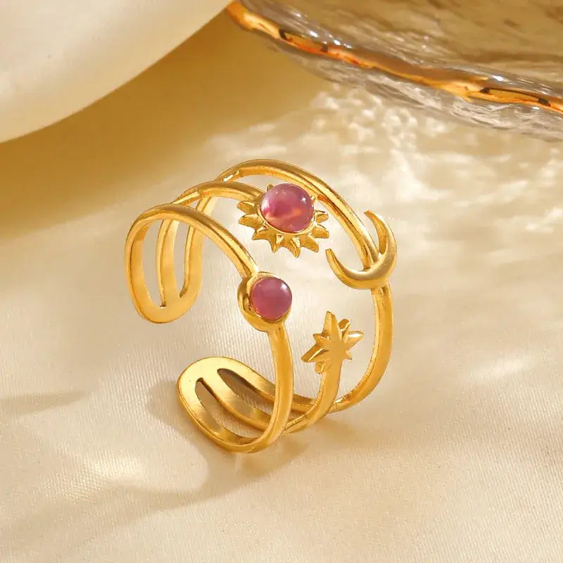 Moon and Star with Stones Adjustable Ring Jewelry