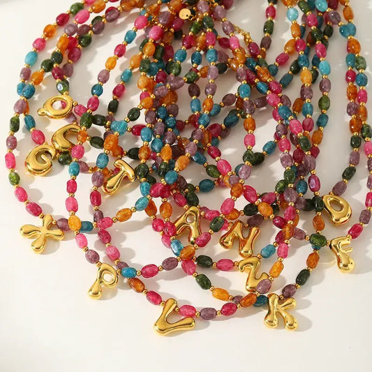 18K Gold Plated Initial Stone Beaded Necklace Jewelry