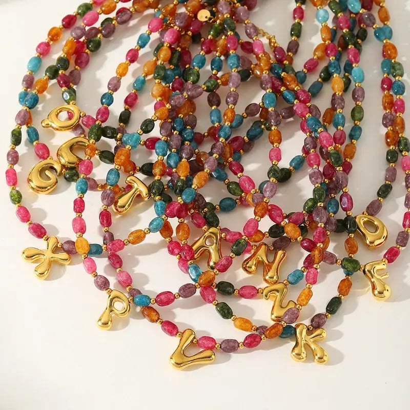 18K Gold Plated Initial Stone Beaded Necklace Jewelry