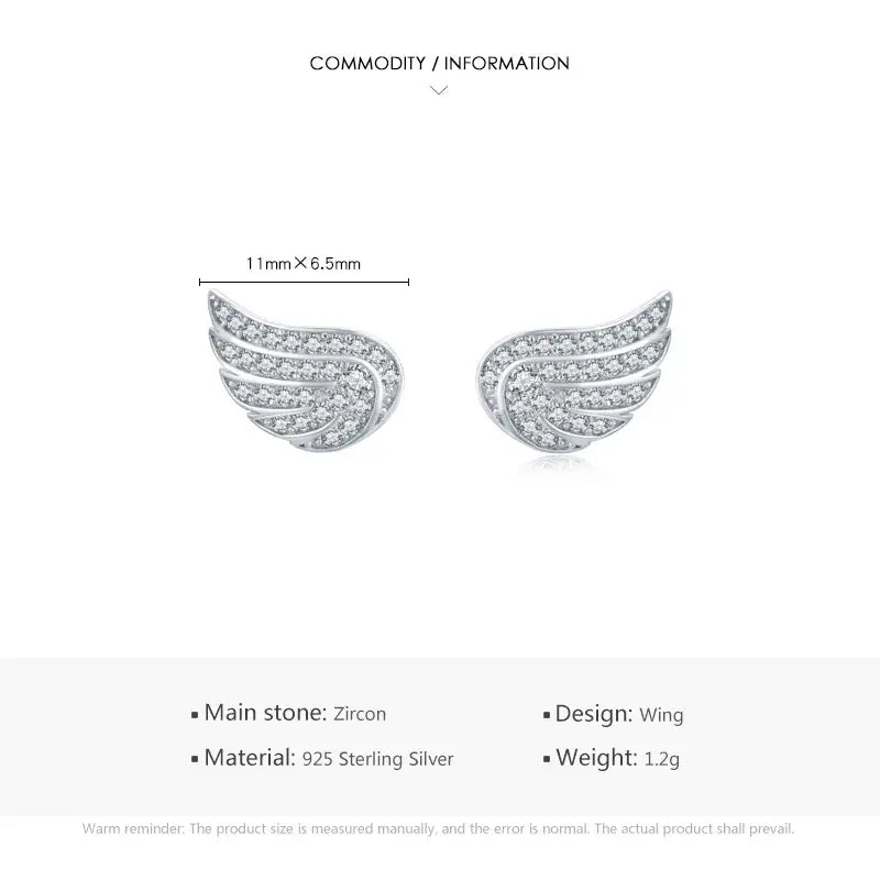 925 Sterling Silver Angel Wing Zircon Stud Earrings
