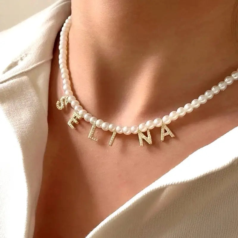 Pearl Beaded Personalized Initial Necklace with Charms