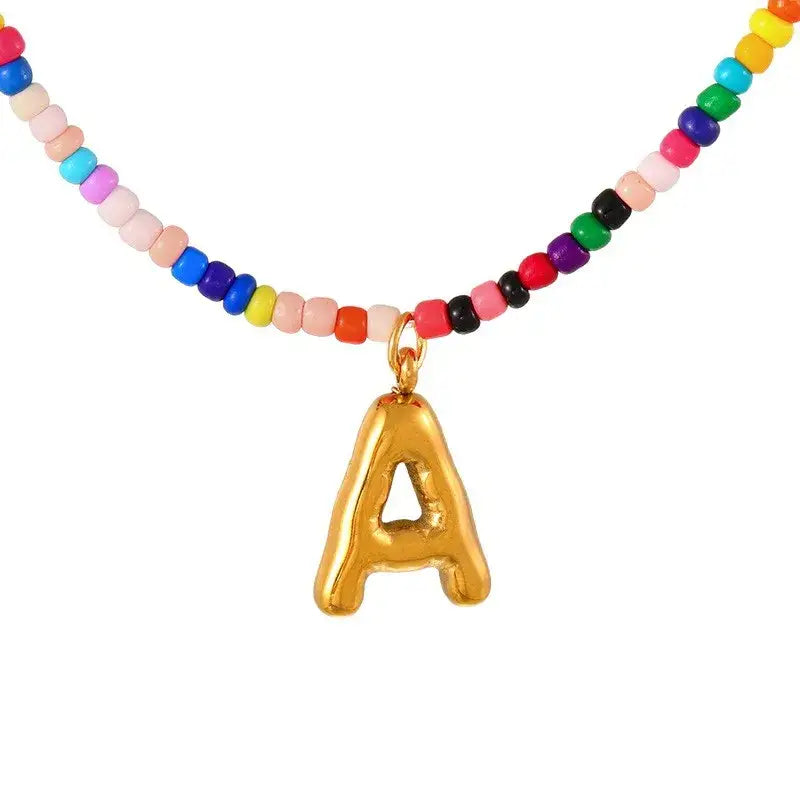 Gold Plated Letter Pendant Beaded Necklace Jewelry