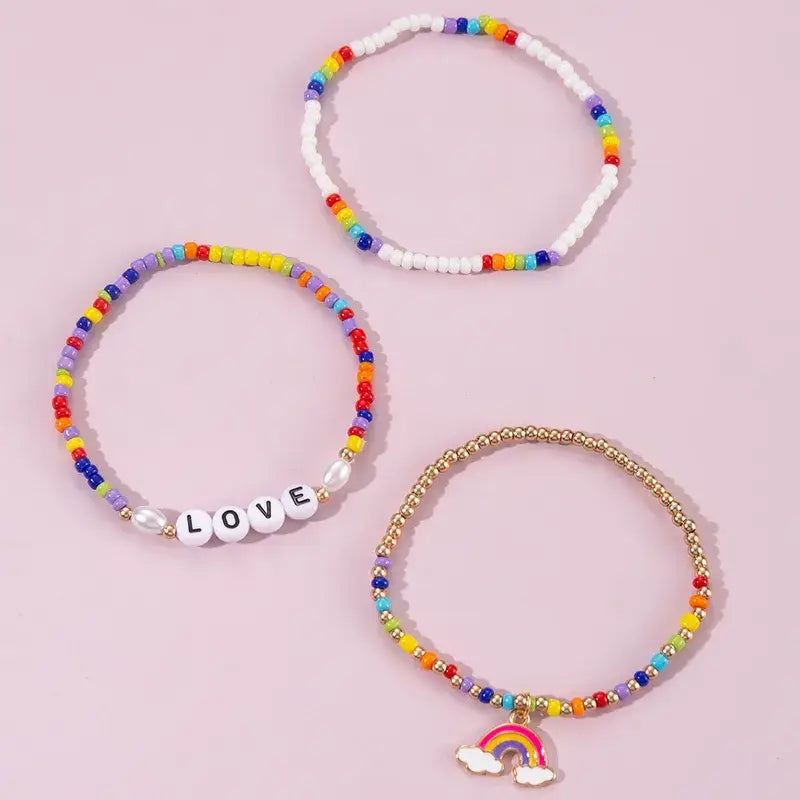 Set of Three Beaded Rainbow Stretch Bracelets