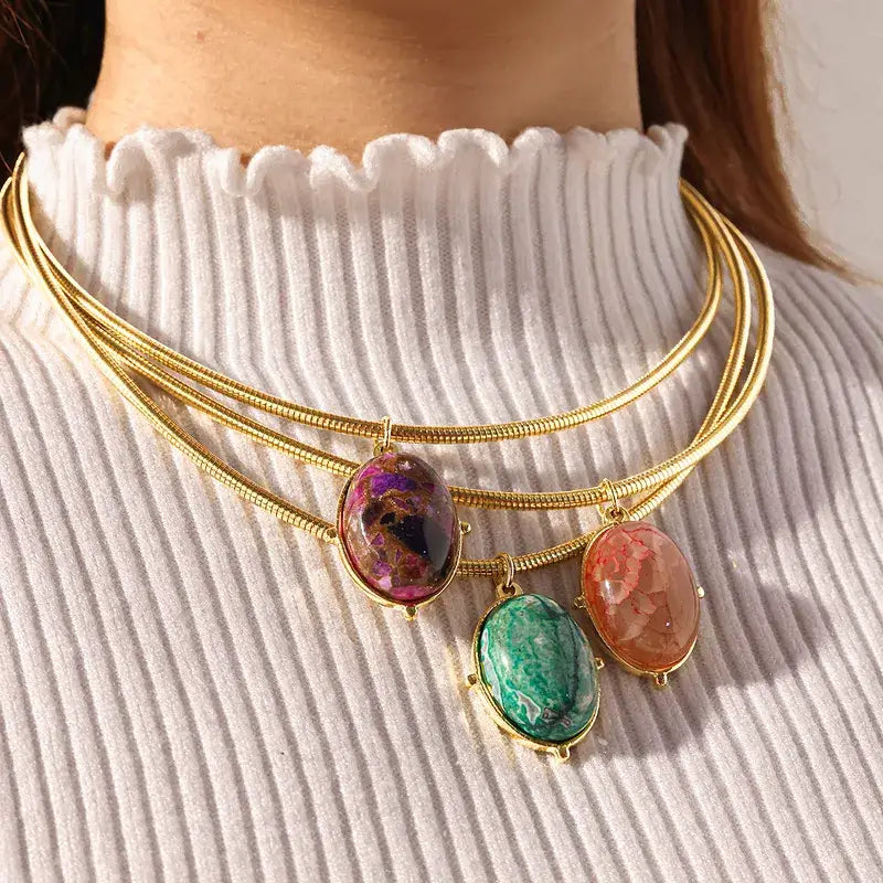18K Gold Oval Choker Necklace with Natural Stone