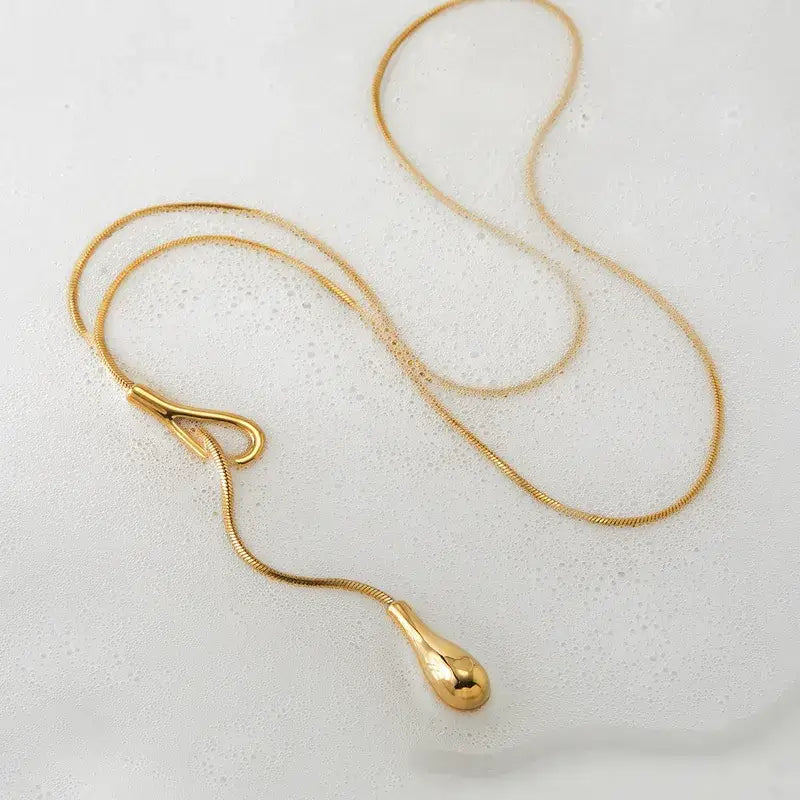 Water Droplet Long Necklace in Gold or Silver