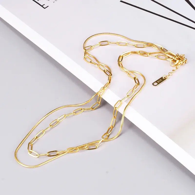 18K Gold Plated Double Layer Necklace – Paperclip Chain