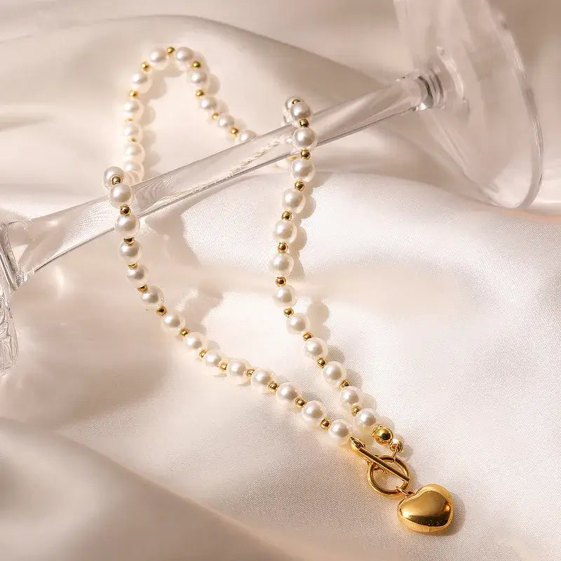 Heart Pendant with Pearl and Gold Chain Necklace