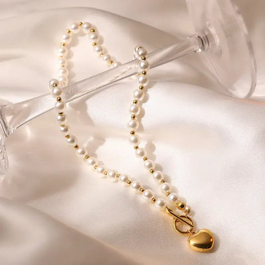 Heart Pendant with Pearl and Gold Chain Necklace
