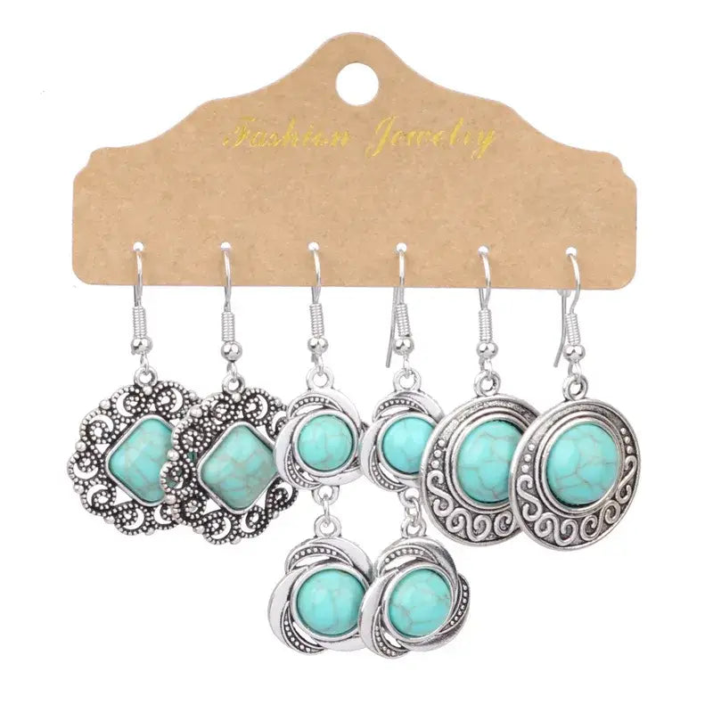 Turquoise Silver Western Theme Earrings Sets