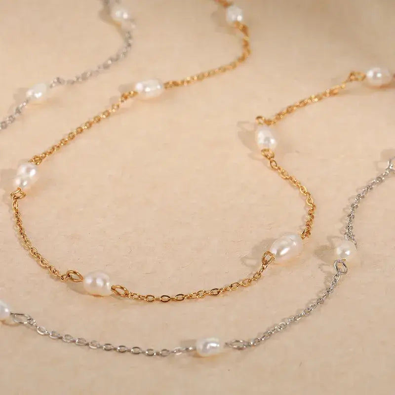 Natural Pearl Necklace, 18K Gold PVD