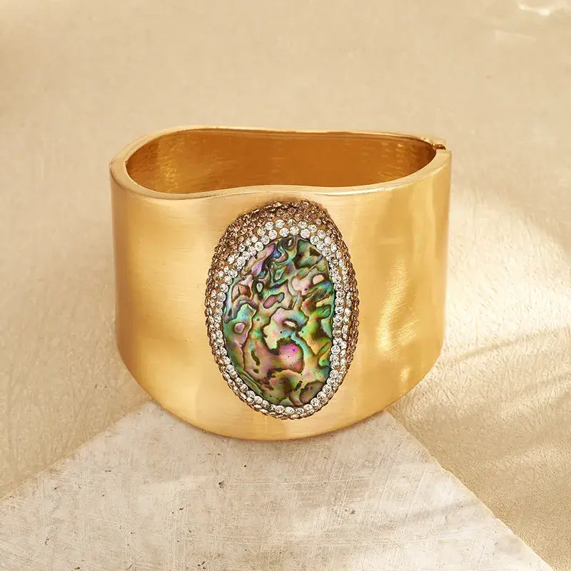 14K Gold Plated Amethyst Shell Oval Hinged Bracelet