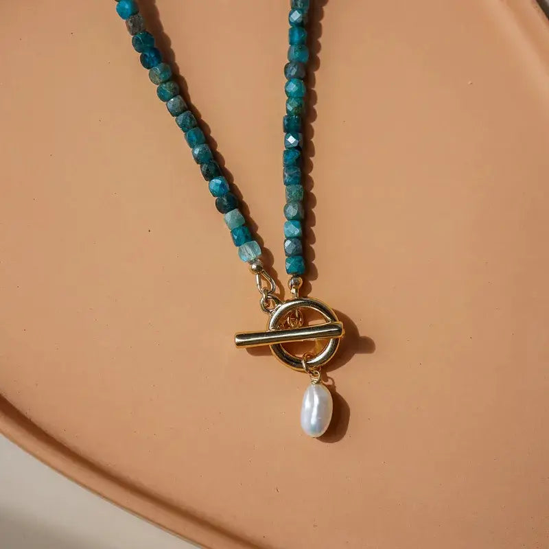 Natural Stone Beaded Necklace – Pearl Toggle Boho Gemstone J