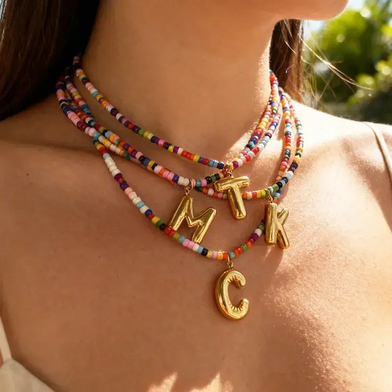 Gold Plated Letter Pendant Beaded Necklace Jewelry