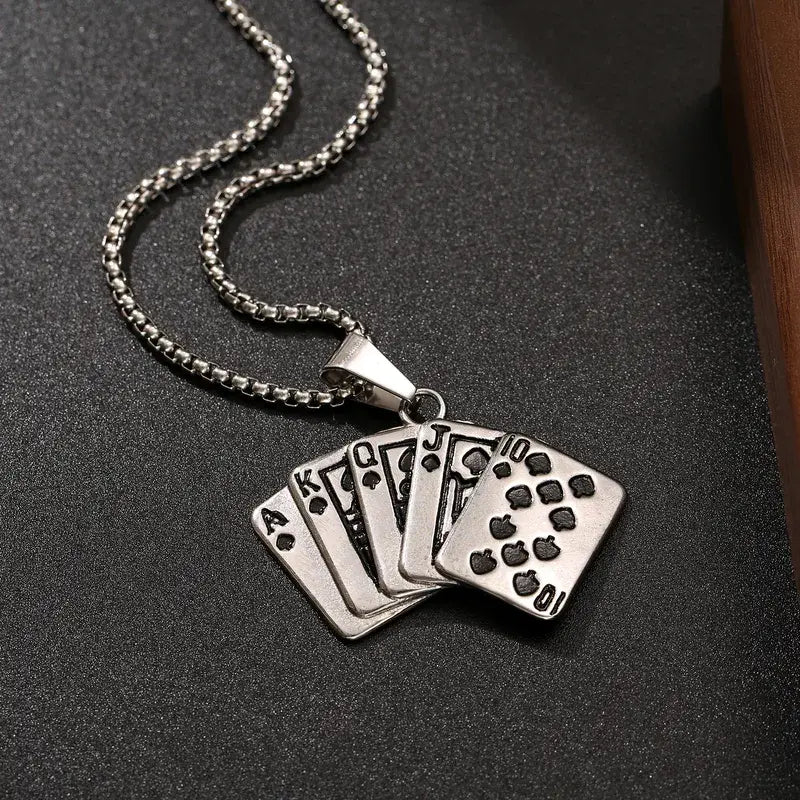 3D Playing Cards Necklace – Silver Stainless Steel