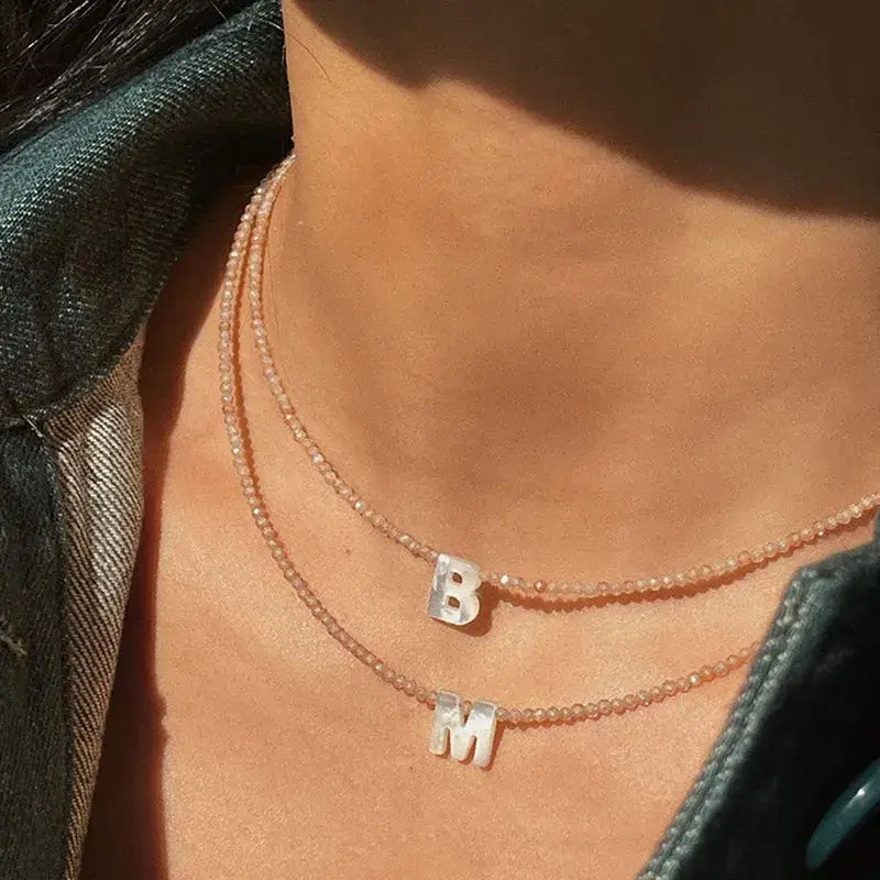Beaded Initial Letter Shell Pendant Necklace Jewelry