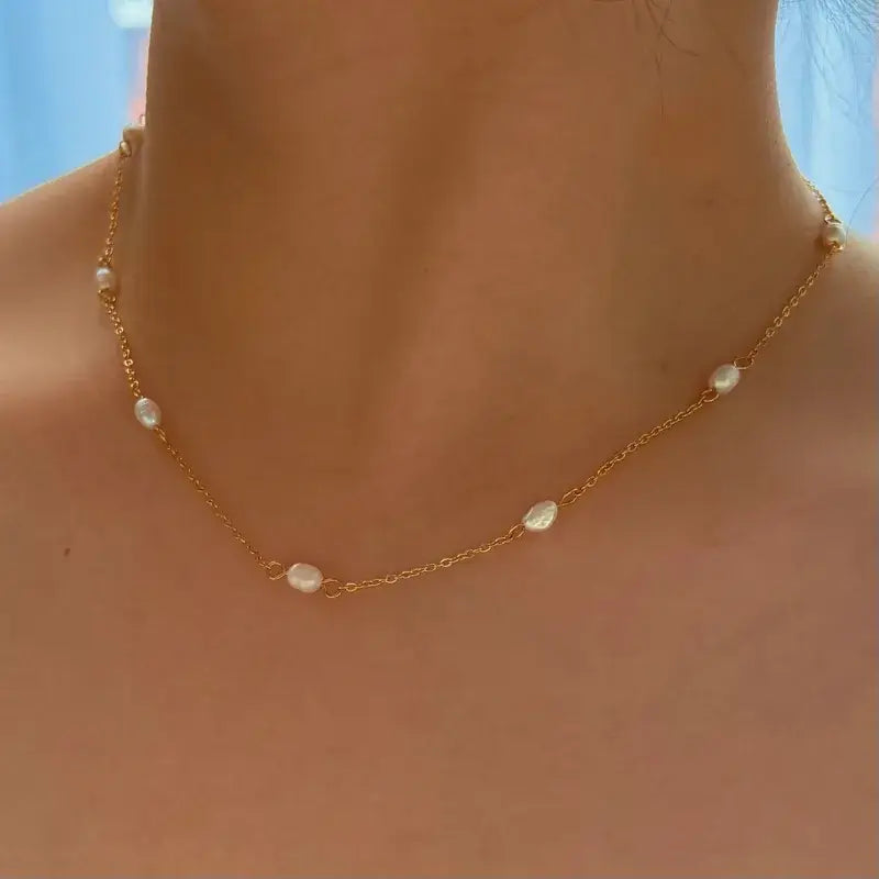 Natural Pearl Necklace, 18K Gold PVD