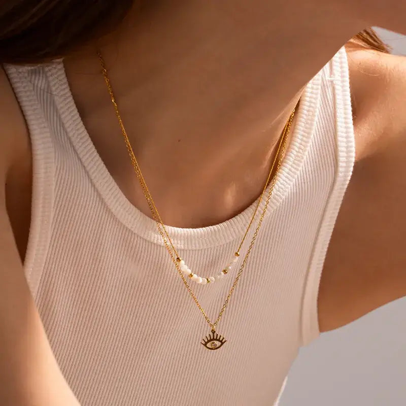 Evil Eye Gold Plated Stainless Steel Layered Necklace