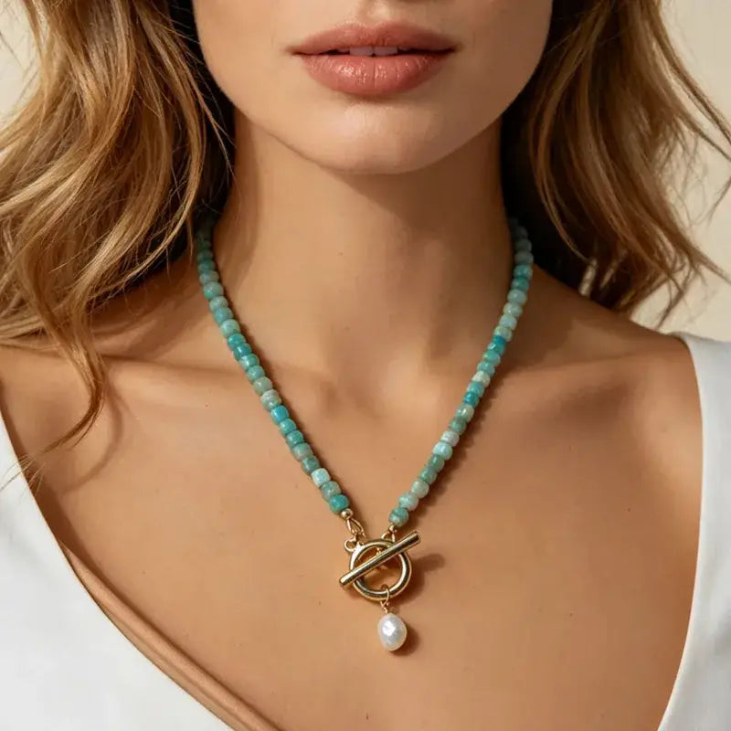 Natural Stone Beaded Necklace – Pearl Toggle Boho Gemstone J