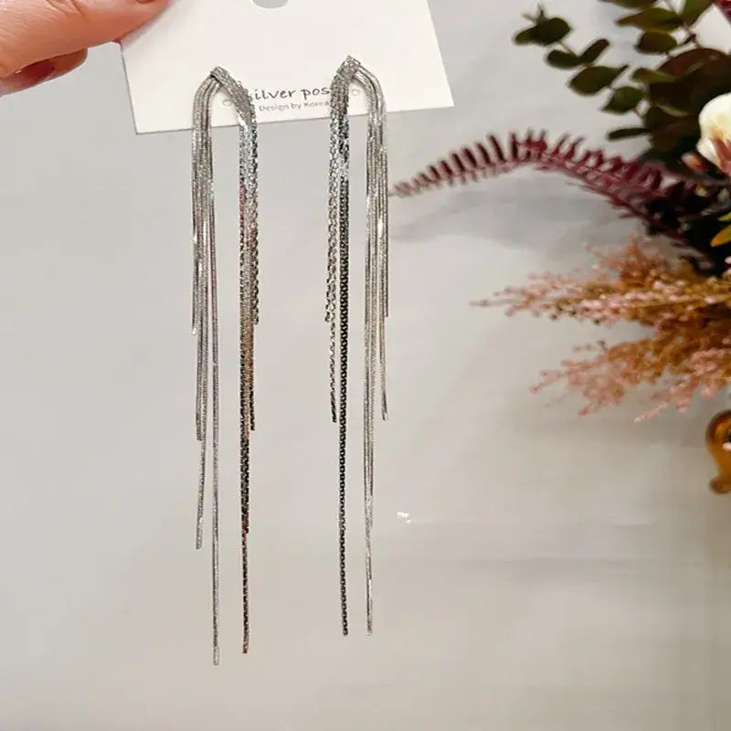 Gold Long Tassel Stud Earrings