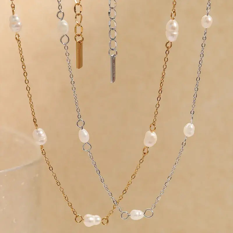Natural Pearl Necklace, 18K Gold PVD