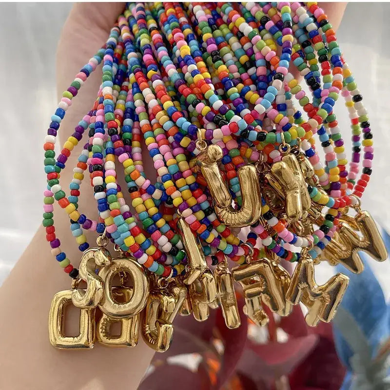 Gold Plated Letter Pendant Beaded Necklace Jewelry