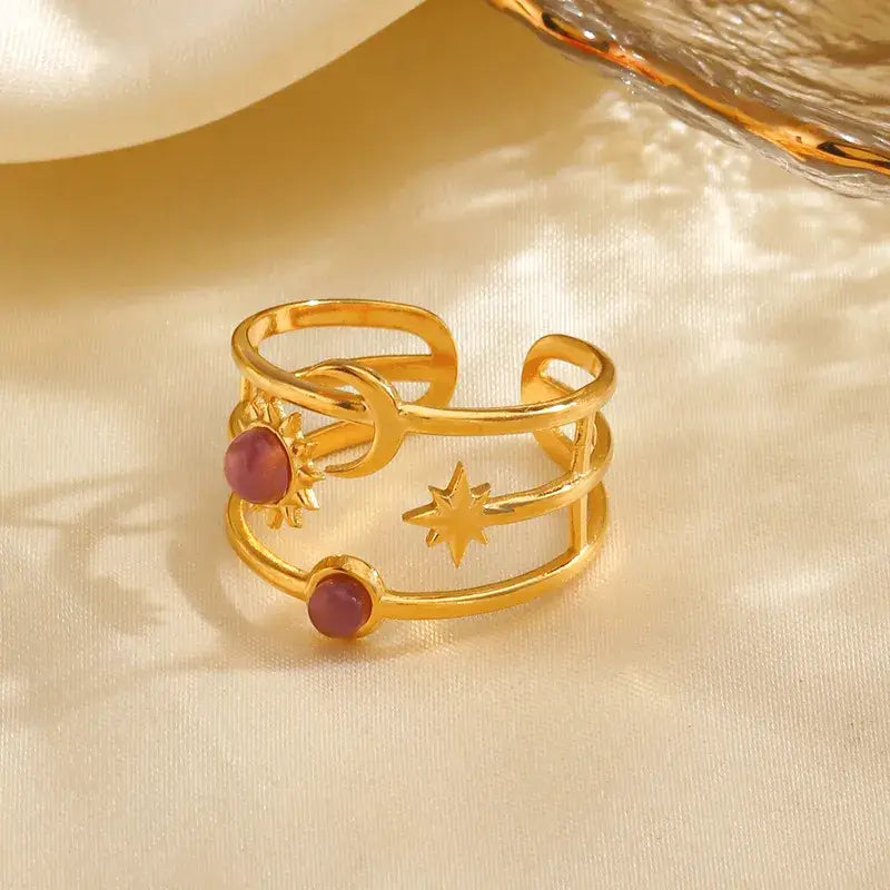 Moon and Star with Stones Adjustable Ring Jewelry