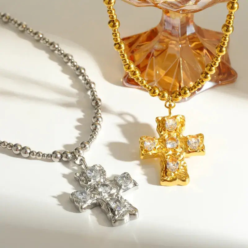 Zircon Cross Necklace – Gold or Silver Stainless Steel