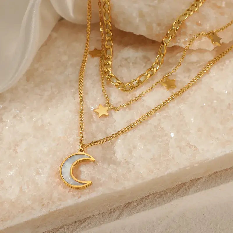Moon and Star Layer Necklace Stainless Steel