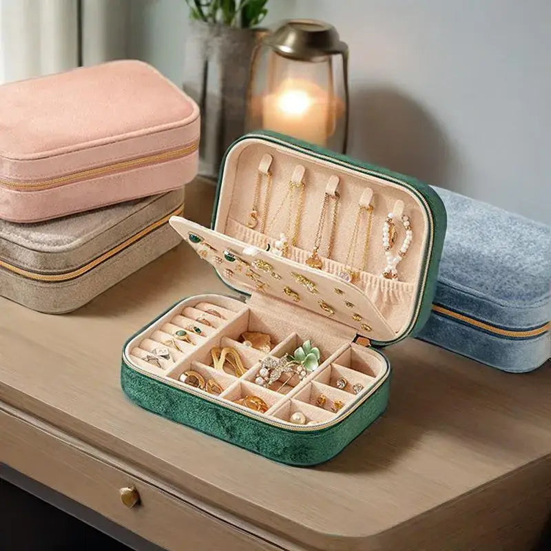 Velvet Jewelry Organizer Box with Compartments & Zipper