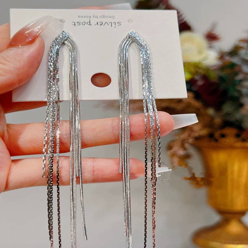 Gold Long Tassel Stud Earrings