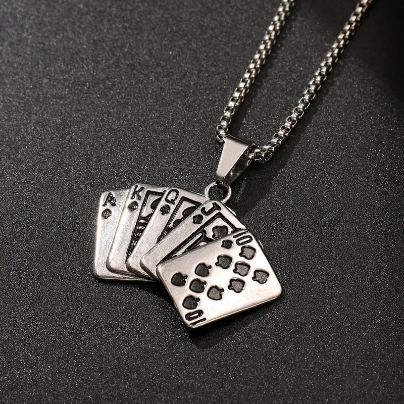 3D Playing Cards Necklace – Silver Stainless Steel