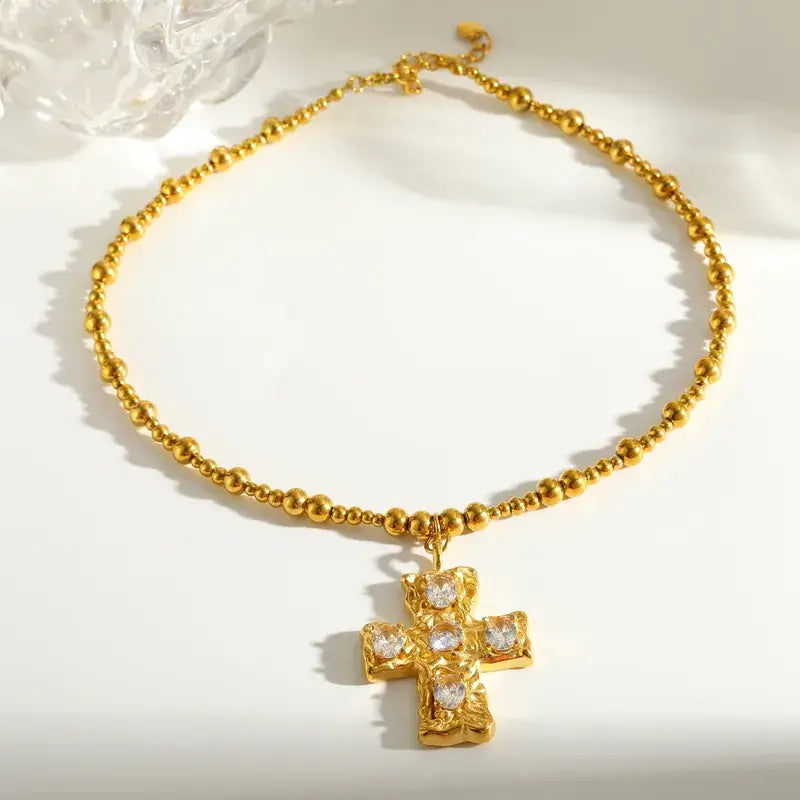 Zircon Cross Necklace – Gold or Silver Stainless Steel