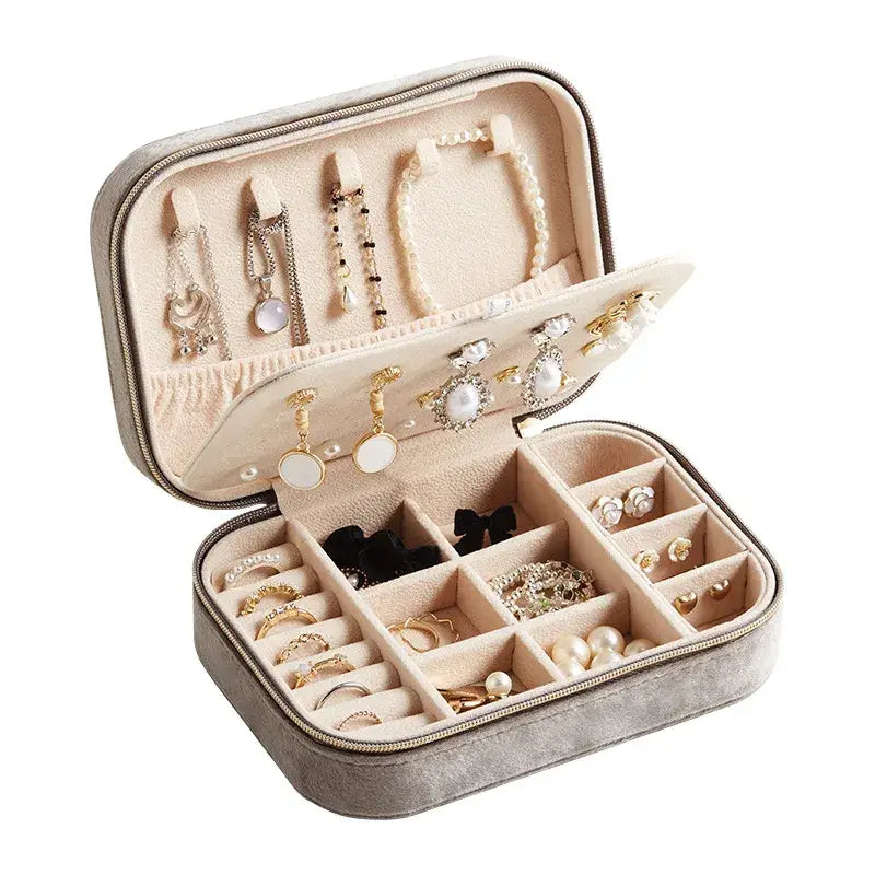 Velvet Jewelry Organizer Box with Compartments & Zipper